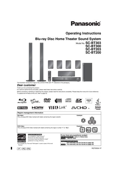 Panasonic SC-BT303/SC-BT300/SC-BT203/SC-BT200 Blu-ray Disc Home Theater Sound System Operating Instructions - cover page