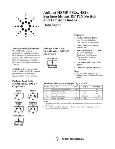 Agilent HSMP-382x/482x Surface Mount RF PIN Switch and Limiter Diodes Datasheet - cover page