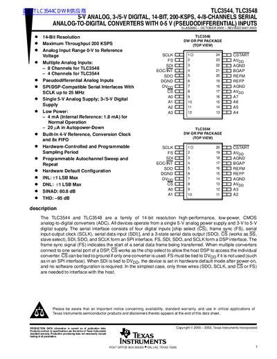 Texas Instruments TLC3544/TLC3548 14-Bit ADC Datasheet - cover page