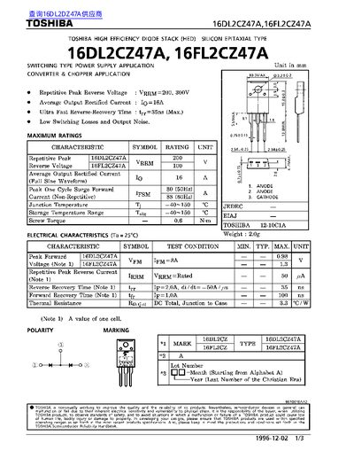 TOSHIBA 16DL2CZ47A/16FL2CZ47A High Efficiency Diode Stack Datasheet - cover page