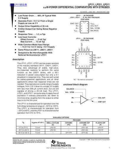 Texas Instruments LP111, LP211, LP311 Low-Power Differential Comparators Datasheet - cover page
