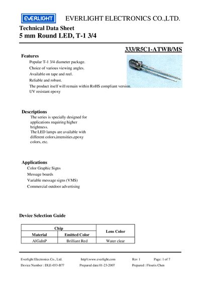 Everlight 5 mm Round LED T-1 3/4 333/R5C1-ATWB/MS Datasheet - cover page