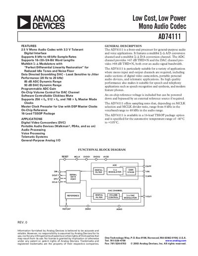 Analog Devices AD74111 Mono Audio Codec Datasheet - cover page