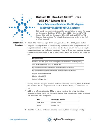 Stratagene Brilliant III Ultra-Fast SYBR Green QRT-PCR Master Mix Quick Reference Guide - cover page