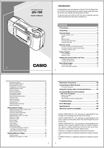 Casio QV-700 LCD Digital Camera Owner's Manual - cover page