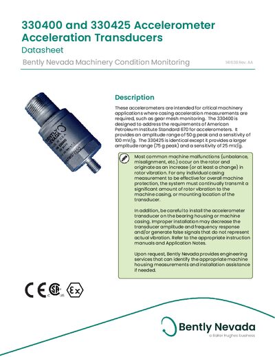 Bently Nevada 330400 and 330425 Accelerometer Acceleration Transducers Datasheet - cover page