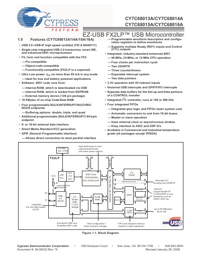 Cypress EZ-USB FX2LP CY7C68013A/CY7C68014A/CY7C68015A/CY7C68016A Datasheet - cover page