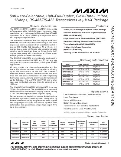 MAXIM MAX1481/MAX1484/MAX1485/MAX1486 Software-Selectable Half-/Full-Duplex Slew-Rate-Limited 12Mbps RS-485/RS-422 Transceivers in MAX Package handbook