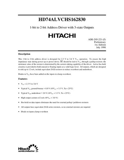 Hitachi HD74ALVCHS162830 1-bit to 2-bit Address Driver with 3-state Outputs Datasheet - cover page