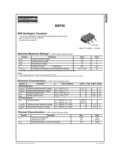 Fairchild BSP50 NPN Darlington Transistor Datasheet - cover page