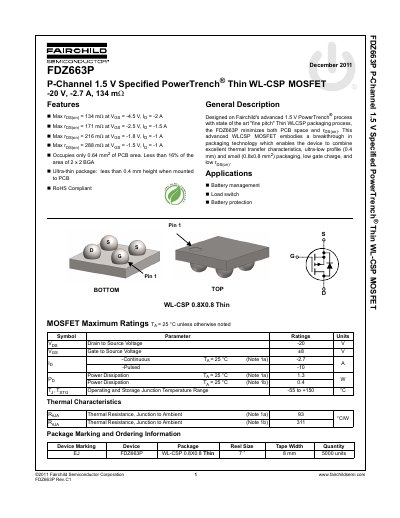 Fairchild FDZ663P P-Channel MOSFET Datasheet - cover page