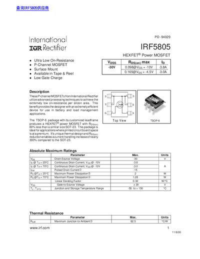 International Rectifier IRF5805 HEXFET Power MOSFET Datasheet - cover page