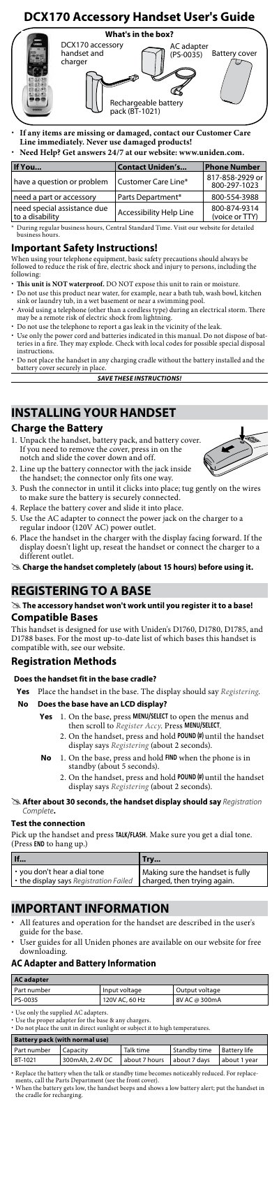 Uniden DCX170 Accessory Handset User's Guide - cover page