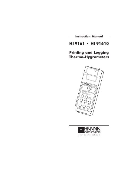 Hanna Instruments HI 9161/HI 91610 Printing Logging Thermo-Hygrometer Instruction Manual - cover page