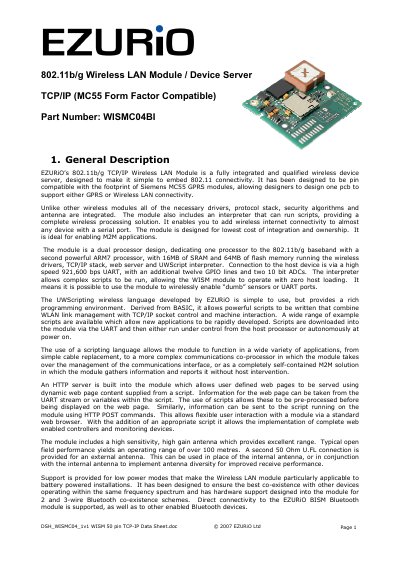 EZURIO 802.11b/g Wireless LAN Module Device Server TCP/IP (MC55 Form Factor Compatible) Part Number: WISMC04BI Manual - cover page