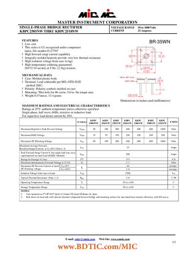 Master Instrument KBPC2505NW‑KBPC2510NW Single‑Phase Bridge Rectifier Datasheet - cover page