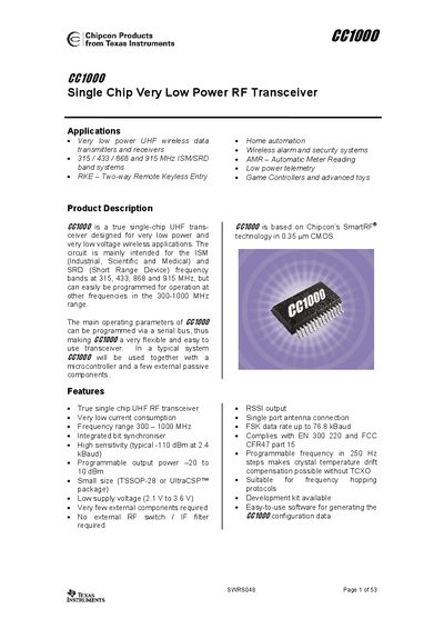 Texas Instruments CC1000 Datasheet - cover page