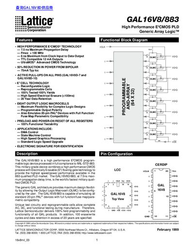 Lattice GAL16V8/883 High Performance E2CMOS PLD Datasheet - cover page