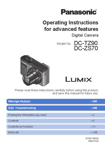 Panasonic Lumix DC-TZ90 DC-ZS70 Operating Instructions for Advanced Features - cover page