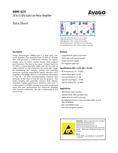 Avago Technologies AMMC-6233 18 to 32 GHz GaAs Low Noise Amplifier Data Sheet - cover page