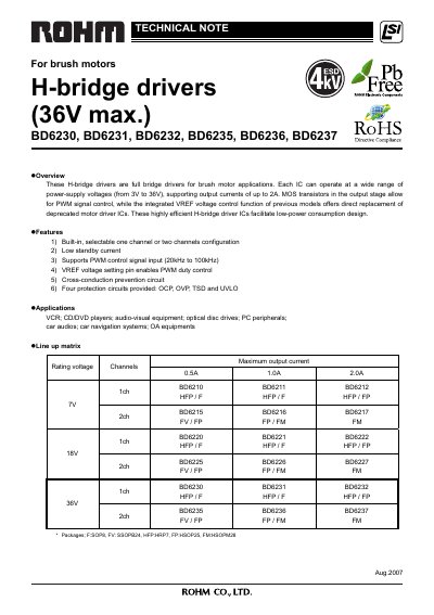 ROHM BD6230/BD6231/BD6232/BD6235/BD6236/BD6237 H-bridge Driver Technical Note - cover page