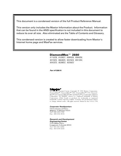 Maxtor DiamondMax 2880 AT Hard Disk Drive Product Reference Manual - cover page