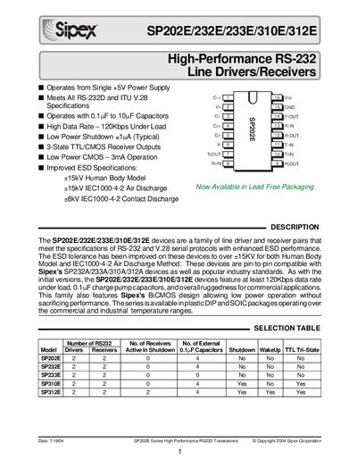 Sipex SP202E Datasheet - cover page