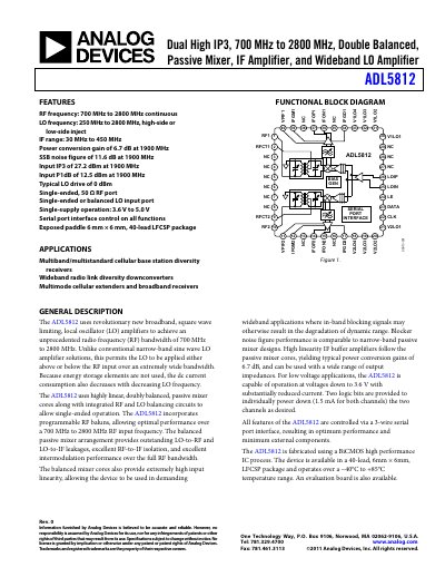 Analog Devices ADL5812 Dual High IP3 Mixer Datasheet - cover page