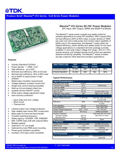 TDK Innoveta iFA24021A280V/iFA24018A280V DC/DC Power Modules Product Brief - cover page