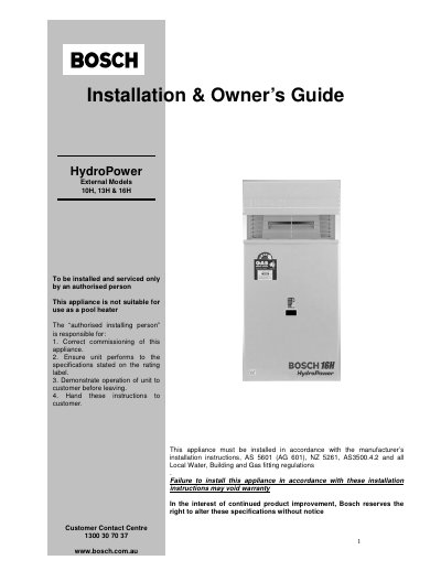 Bosch HydroPower 10H, 13H, 16H Installation & Owner’s Guide - cover page