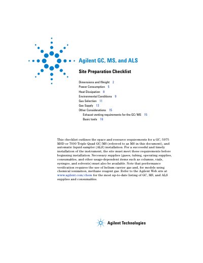 Agilent GC, MS, and ALS Site Preparation Checklist - cover page