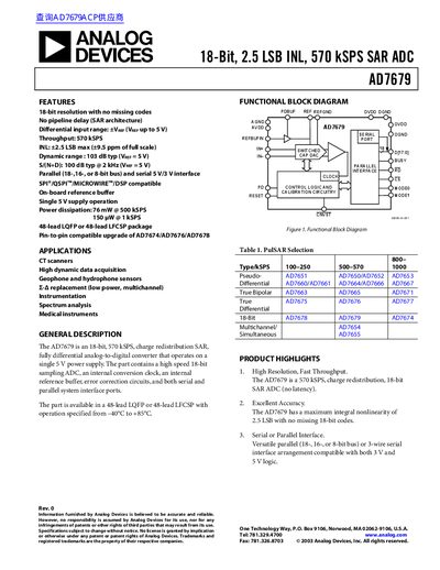 ANALOG DEVICES AD7679 18-Bit 2.5 LSB INL 570 kSPS SAR ADC handbook - cover page