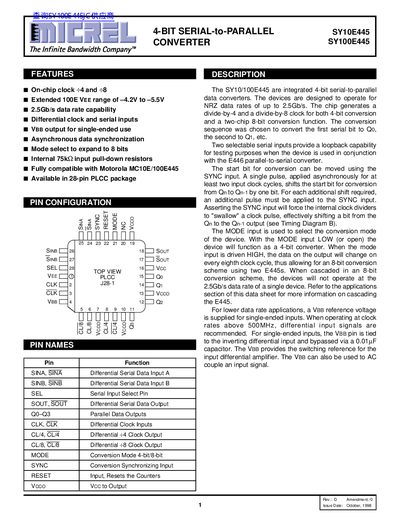 MICREL 4-BIT SERIAL-to-PARALLEL CONVERTER SY10E445 SY100E445 handbook - cover page