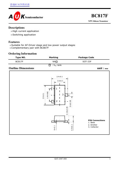 AUK Semiconductor BC817F NPN Silicon Transistor Datasheet - cover page
