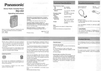 Panasonic RQ-V61 Stereo Radio Cassette Player User Manual - cover page