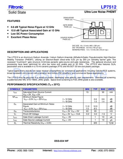 Filtronic LP7512 Solid State Ultra Low Noise PHEMT Datasheet - cover page