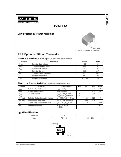 Fairchild FJX1182 PNP Epitaxial Silicon Transistor Datasheet - cover page