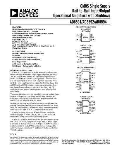 Analog Devices AD8591/AD8592/AD8594 Datasheet