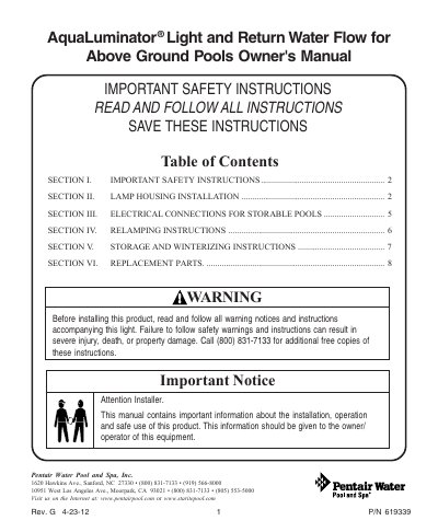 Pentair AquaLuminator Light Return Water Flow for Above Ground Pools Owner's Manual - cover page