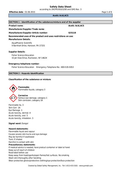 AquaPhoenix Scientific ACS Acetic Acid Safety Data Sheet - cover page