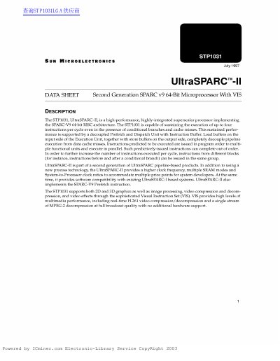 Sun Microsystems STP1031 UltraSPARC-II Datasheet - cover page
