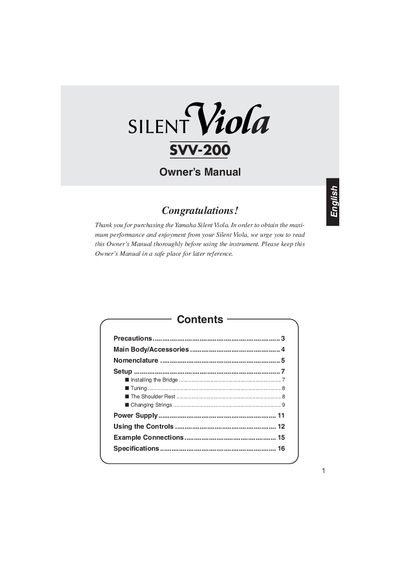 Yamaha SVV-200 Silent Viola Owner's Manual - cover page