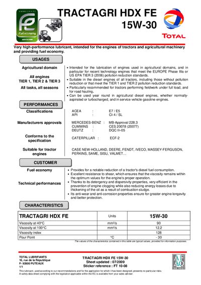 TRACTAGRI HDX FE 15W-30 Lubricant Product Leaflet - cover page