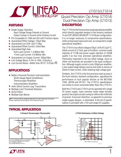 Linear Technology LT1013/LT1014 Quad/Dual Precision Op Amp Datasheet