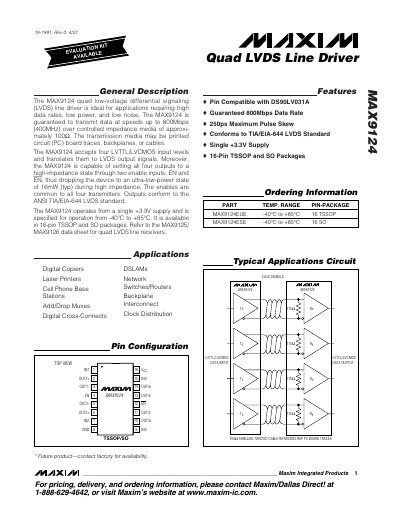Maxim MAX9124 Quad LVDS Line Driver Datasheet - cover page