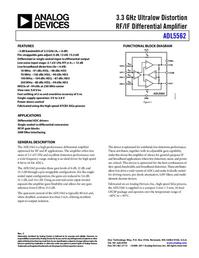 Analog Devices ADL5562 RF/IF Differential Amplifier Datasheet - cover page