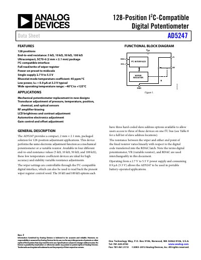 Analog Devices AD5247 Digital Potentiometer Data Sheet