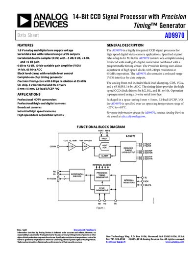 Analog Devices AD9970 14‑Bit CCD Signal Processor with Precision Timing Generator Data Sheet - cover page