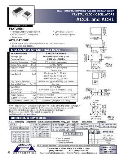 ABRACON ACOL/ACHL 3.3Vdc HCMOS/TTL Compatible DIP Crystal Clock Oscillators Datasheet - cover page
