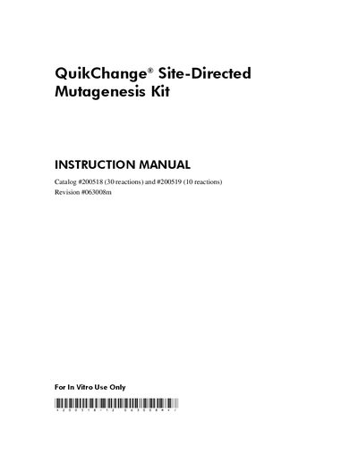 Stratagene QuikChange Site-Directed Mutagenesis Kit 200518 Instruction Manual - cover page